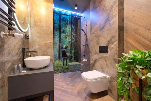 Un baño con inodoro, lavabo y ducha. en Laguna Beskidów Resort - Apartament Leśny, en Zarzecze