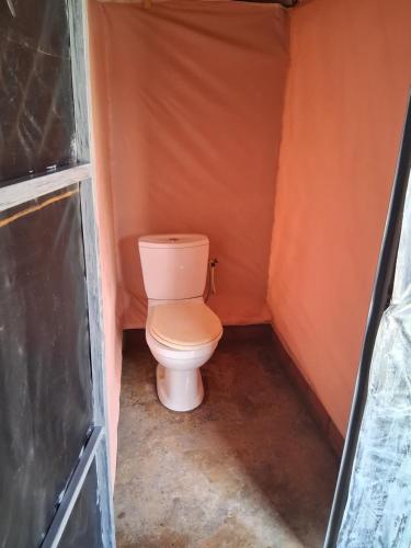 メルズーガにあるDesert Camel Trekのオレンジ色の部屋にあるトイレ付きの小さなバスルーム