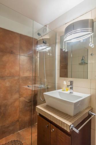 a bathroom with a sink and a glass shower at EL MEJOR LUGAR Departamento de Diseño en el mejor Barrio de Montevideo in Montevideo