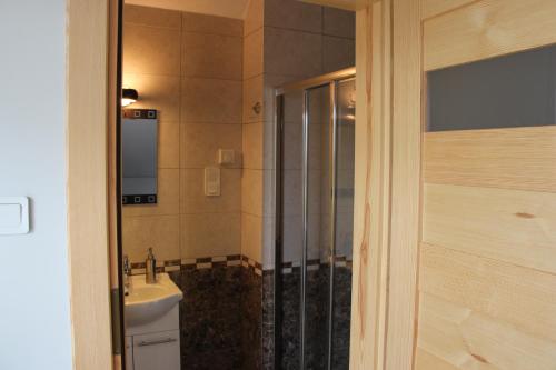 a bathroom with a shower and a toilet and a sink at Pokoje Gościnne Сisza in Białowieża
