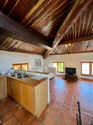 Il dispose d'une cuisine avec un évier et d'un salon avec un canapé. dans l'établissement Cœur de Cassis - 200 m du port et plage - Parking privé, à Cassis