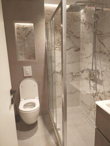 a bathroom with a toilet and a glass shower at Casa Del Sol Pietra Kotor in Kotor