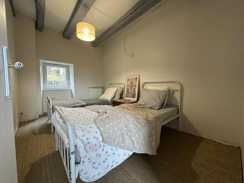 - une chambre avec 2 lits jumeaux et une lampe dans l'établissement Large charming house surrounded by nature, à Brassac