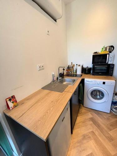 une cuisine avec un évier et une machine à laver dans l'établissement Studio Niçois à 500m de la mer, à Nice