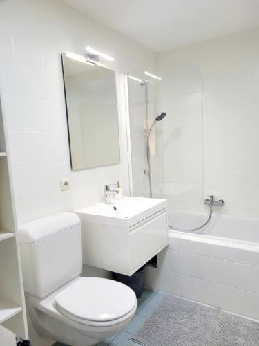 a white bathroom with a toilet and a sink at Top2 Apartmenthaus Sonnenschein in Dornbirn