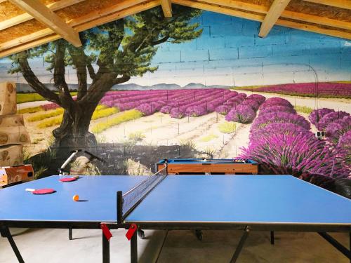 - une table de ping-pong devant une fresque dans l'établissement Maison Premium Hyper Calme - Joliment décorée avec vue dégagée - Jacuzzi Chauffé - Salle de jeux - Proche de toutes commodités, à Montélimar