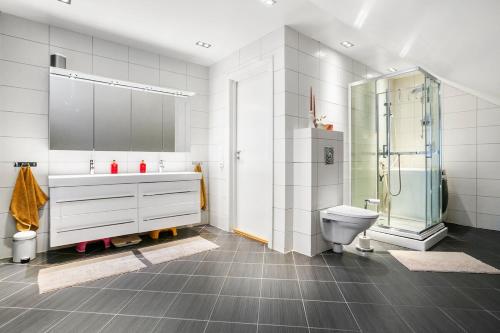 a bathroom with a shower and a sink and a toilet at 6 Bedroom House in Ålesund