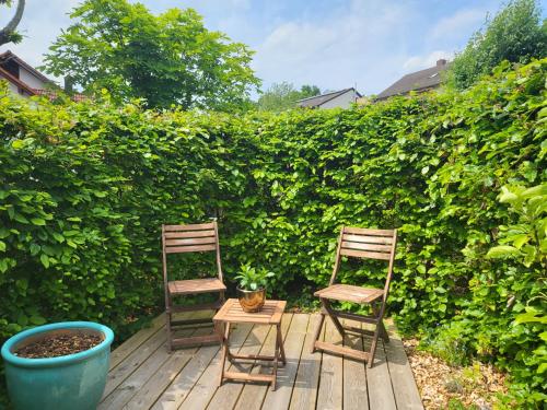 two chairs and a table on a wooden deck at Erholung am Vulkanradweg - 4 Sterne DTV Zertifiziert in Bad Salzschlirf