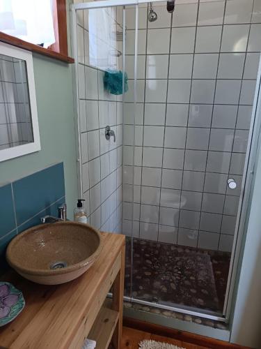 ein Badezimmer mit Waschbecken und Dusche in der Unterkunft Sage Cottage in Wildernis
