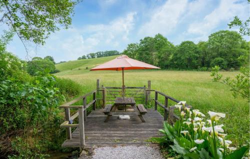 a wooden bridge with a picnic table and an umbrella at Awesome Home In Lohitzun-Oyhercq in Lohitzun-Oyhercq
