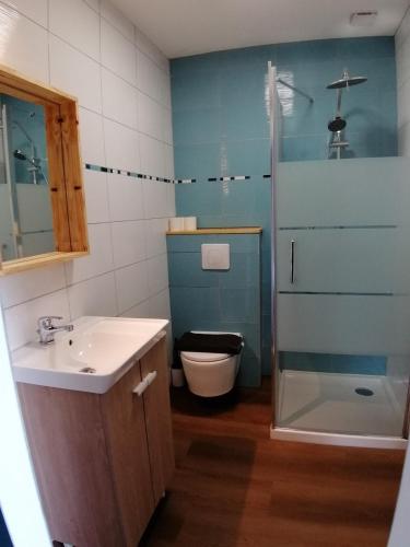 une salle de bain avec un lavabo, des toilettes et une douche dans l'établissement Maison rénovée attenante à notre chai d'armagnac, à Vic-Fezensac
