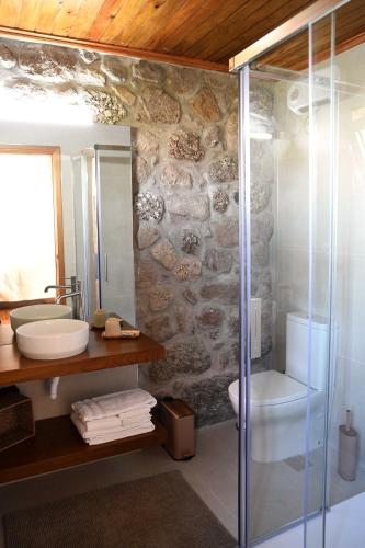 ein Badezimmer mit Dusche, Waschbecken und Toilette in der Unterkunft Casa Do Carvalho in Viatodos