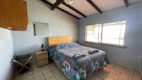 卡那封Pelican Point Waterfront Resort的一间卧室，里面有一张床和一扇窗户。