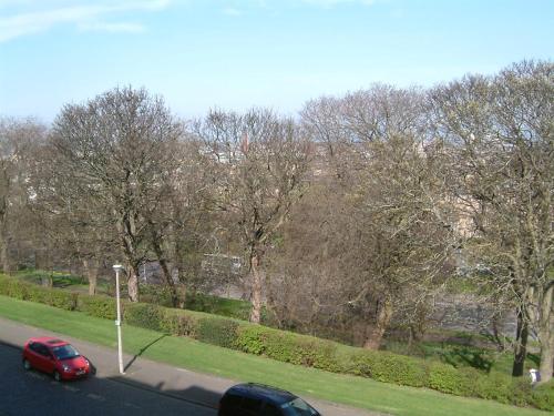 a red car driving down a road with trees at Terrace hotel in Edinburgh