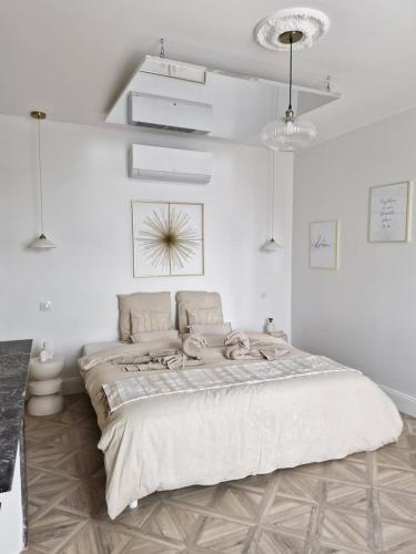 une chambre blanche avec un grand lit dedans dans l'établissement L'audacieuse-Jacuzzi et sauna , miroir suspendu, à Veuzain-sur-Loire