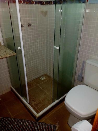 a bathroom with a shower and a toilet at Flor da Serra Chalés in Nova Friburgo