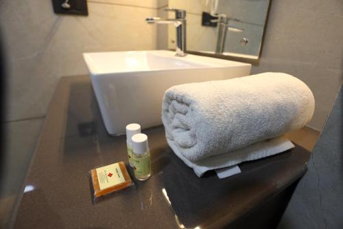 a bathroom with a sink and towels on a counter at Hotel Nalanda Ladakh in Leh