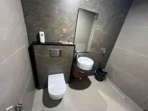 a bathroom with a toilet and a sink and a mirror at Hyders Mahal & Hotel in Thanjāvūr