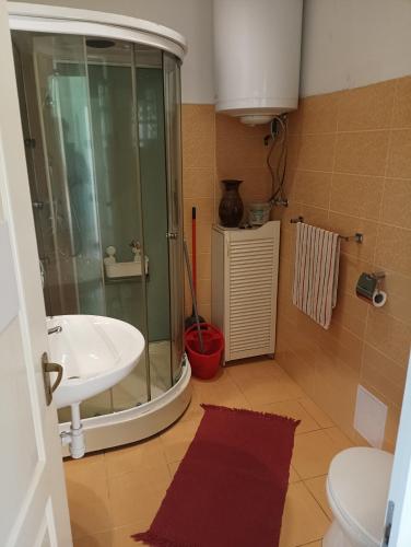 a bathroom with a glass shower and a sink at Bandi Vendégház in Verpelét