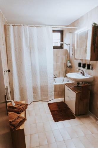 a bathroom with a sink and a shower and a toilet at The Nucleo House Experience in Maggia