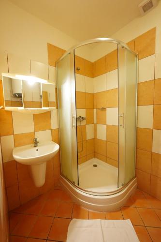 a bathroom with a shower and a sink at Resort Ohrada in Vísky