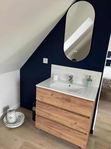 a bathroom with a sink and a mirror at Chez Colette- Maison avec jardin in Acquigny