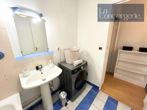 une salle de bain avec un lavabo et une machine à laver dans l'établissement La Gibauderie LaConciergerie Poitiers CHU, à Poitiers