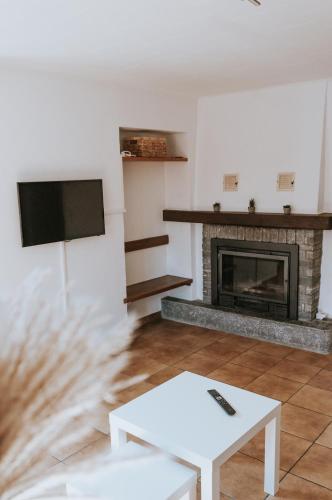 a living room with a fireplace and a tv at The Nucleo House Experience in Maggia