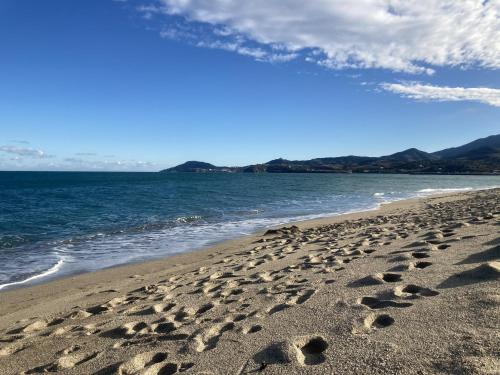 a beach with footprints in the sand and water at Les Deux Chevaux Chambres d’Hôtes in Rouvenac