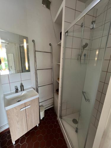 une salle de bain avec un lavabo et une douche dans l'établissement Maison en bord de mer au Village des Sables, à Torreilles