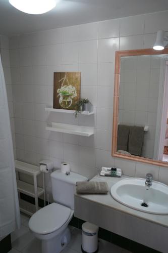 a bathroom with a toilet and a sink and a mirror at Golden Views Apartment in San Bartolomé