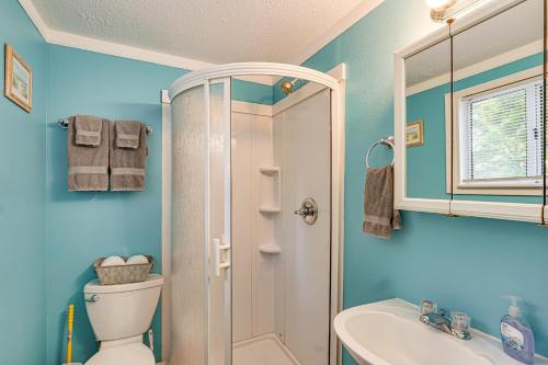 a bathroom with a shower and a toilet and a sink at Private Dock on Fishing Cove Camdenton Getaway in Camdenton