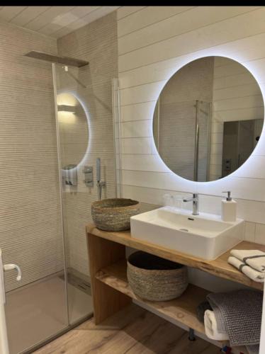 une salle de bain avec un lavabo, un miroir et une douche dans l'établissement La Victorine, à Vieille-Toulouse