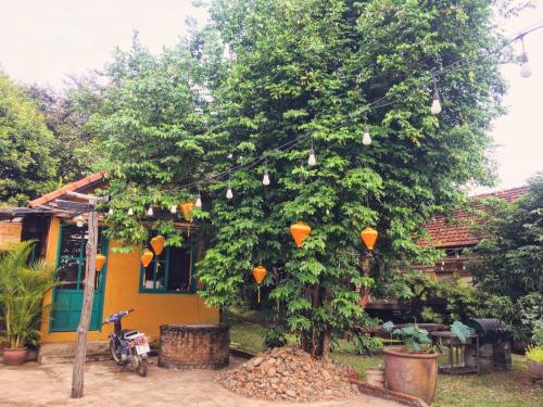 a tree with orange lights on it in front of a house at Buon'S garden in Buôn Kao