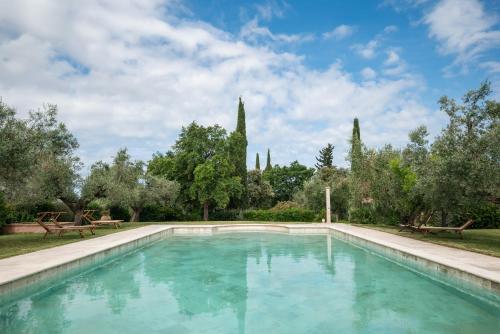 a swimming pool in a garden with trees at Agriturismo Tra gli Ulivi, Chiappini Winery in Bolgheri