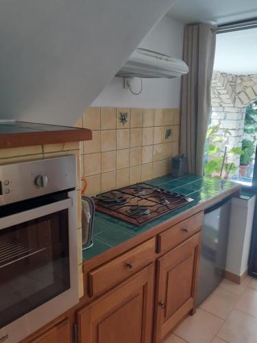 une cuisine avec une cuisinière et un comptoir dans l'établissement La tonnelle, à Plaisians