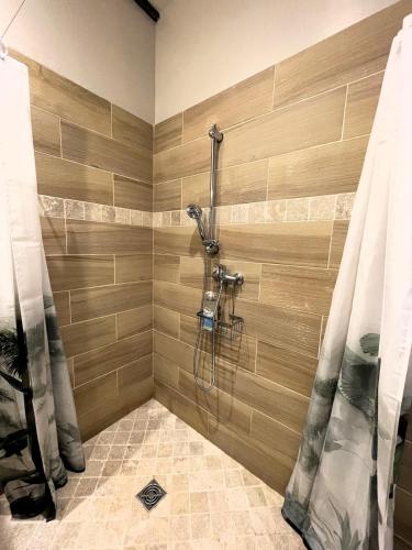 une douche dans une salle de bain avec une porte vitrée dans l'établissement Studio cocon centre historique, à Dinan