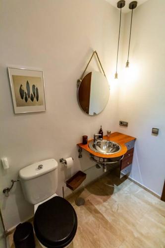 a bathroom with a toilet and a sink and a mirror at SH La Casa del Capitán. Cerca de la catedral. in Cádiz