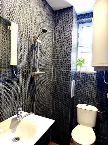 a bathroom with a toilet and a sink and a window at Terra Massa in Sinemorets