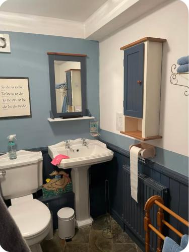 a bathroom with a white toilet and a sink at Thatch Cottage B&B in Lacock