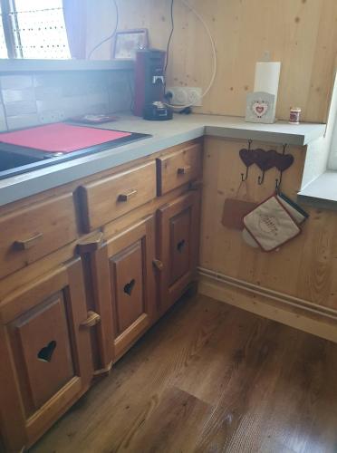 a kitchen with wooden cabinets and a counter top at Résidence La Rose in La Bourboule