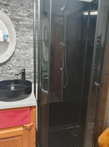 a shower with a glass door next to a sink at Résidence La Rose in La Bourboule