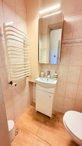 a bathroom with a sink and a mirror at Pokój Słoneczna Idylla k Karpacza SAUNA JACUZZI in Podgórzyn