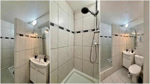 - deux photos d'une salle de bains avec douche et toilettes dans l'établissement Nice 2-room apartment in residence, pool, parking, air conditioning, WiFi, au Cap d'Agde