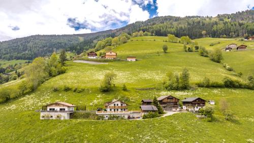 an aerial view of a green hill with houses at Tratterhof Apt Astjoch in Vandoies