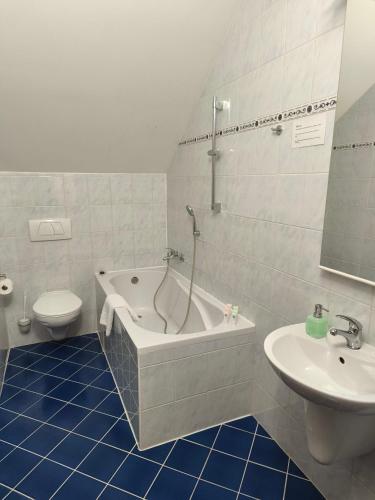 a bathroom with a tub and a toilet and a sink at Penzion Solid Spa in Mladá Boleslav