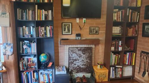 une cheminée dans un salon avec des étagères remplies de livres dans l'établissement CASA EM MONTE VERDE CHARME E CONFORTO, à Monte Verde