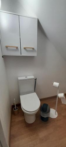 La salle de bains est pourvue de toilettes et d'une armoire. dans l'établissement Spacieux duplex 6 Chambres à Azay-le-rideau, à Azay-le-Rideau