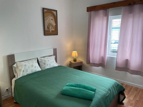 a bedroom with a green bed with pink curtains at Tiny apartment near the airport in Ponta Delgada