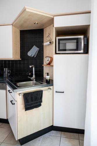 a small kitchen with a refrigerator and a microwave at Chez Marraine Suzanne in Liège